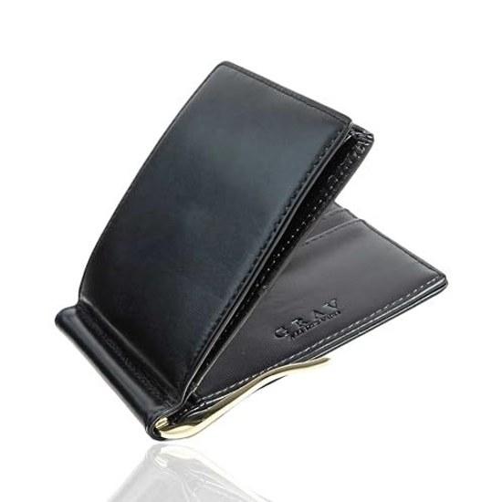 GRAV Mens Two-Fold Money Clip Genuine Leather Slim Lightweight Coin Pocket Compact (Wallet Integrated Type Black)