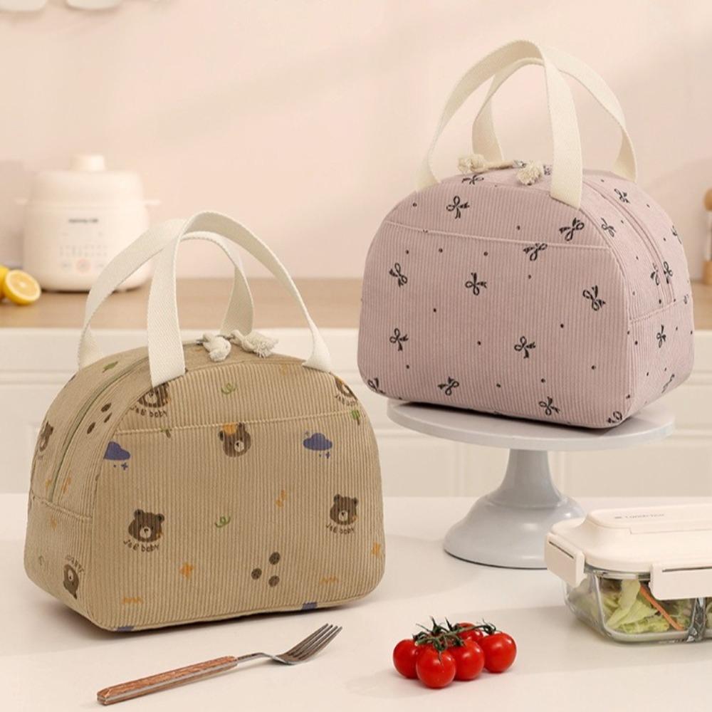 New Corduroy Lunch Bag Thermal Insulated Multi-functional Cooler Bag Cute Bear Bow Storage Handbag for Kids School