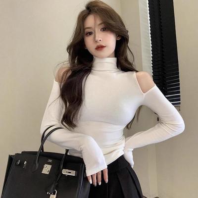 Sexy Pure Desire Semi-High Neck Off-Shoulder Slim Fit Long-Sleeve Women's Top: Autumn/Winter Trend