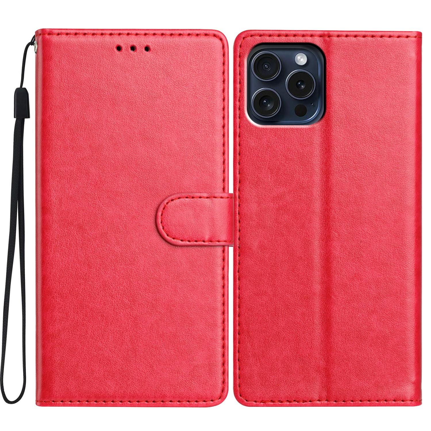 

For iPhone 16 Pro Leather Phone Case Wallet Stand Cover with Handy Strap Rose