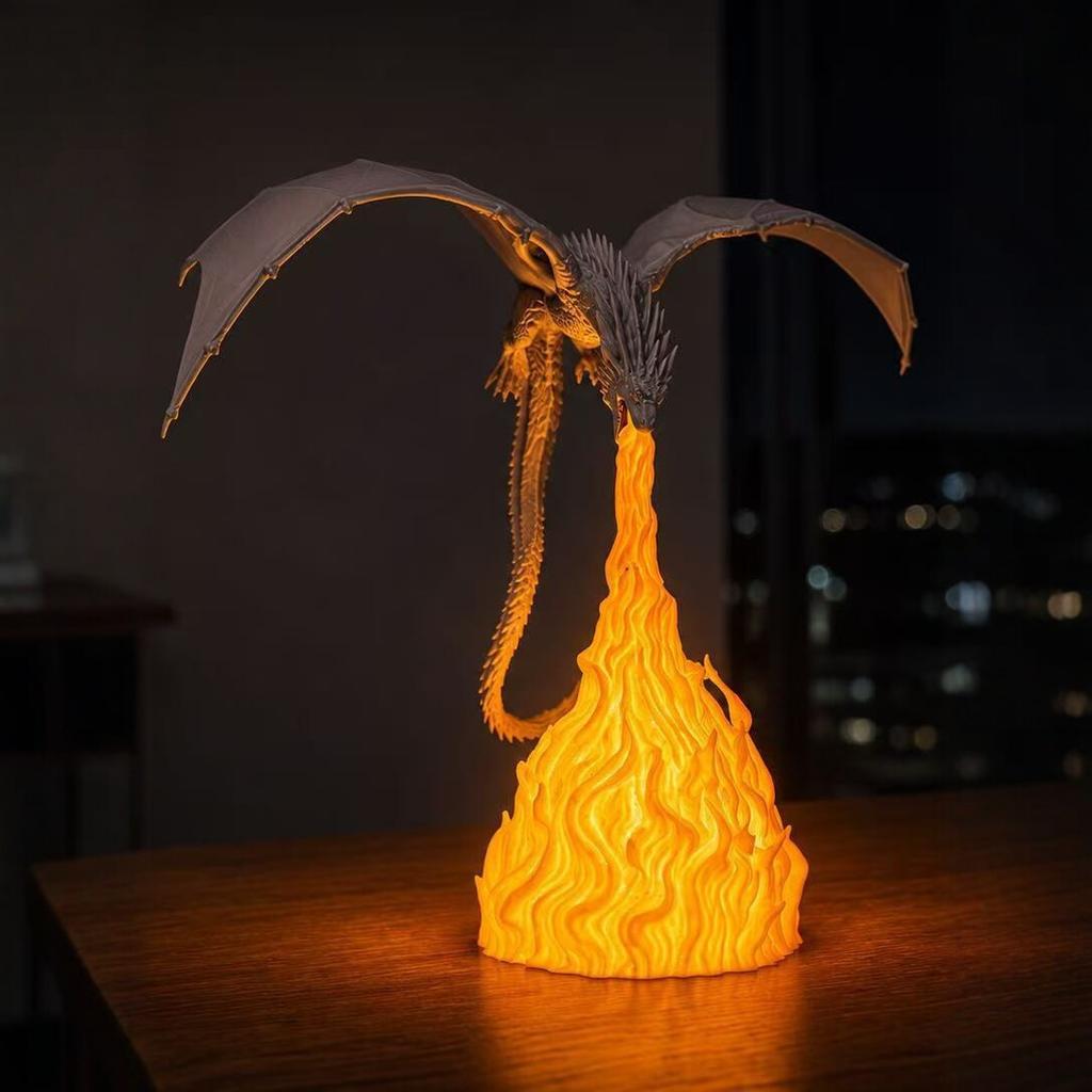 3D Printing Fire-Breathing Dragon Resin Model, Luminous Base, Desktop Ornament, Micro-Landscape Scene Decoration Handicraft