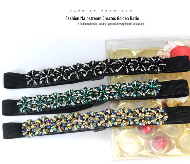 Women's Rhinestone Flower Elastic Waist Belt