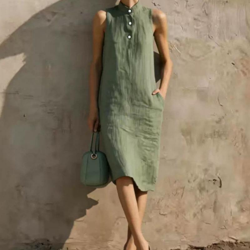 Abito Midi Casual da Spiaggia da Donna, Aderente, Senza Maniche, Colore Unito, Linea A
