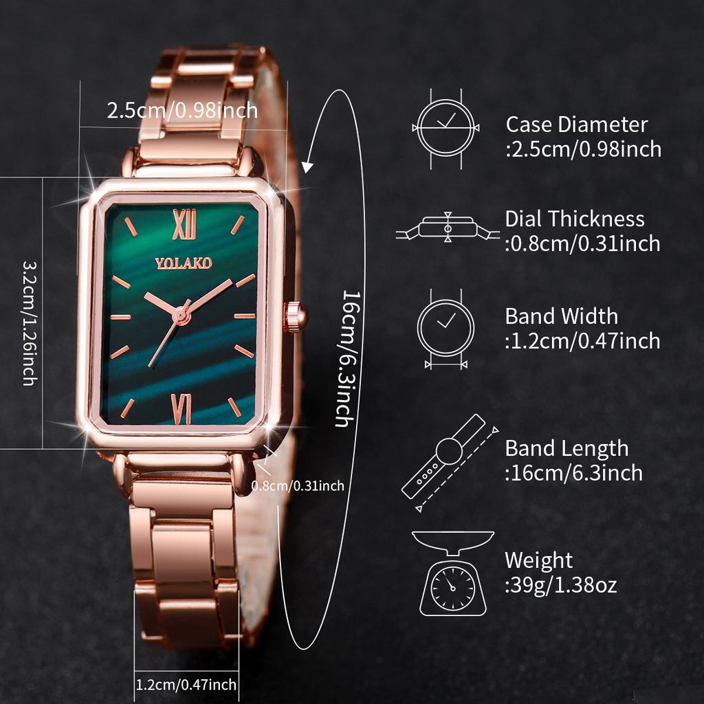 5PCs/Set Classic Women's Watch Set Fashion Stainless Steel Rectangular Dial Green Watch Bracelet Set