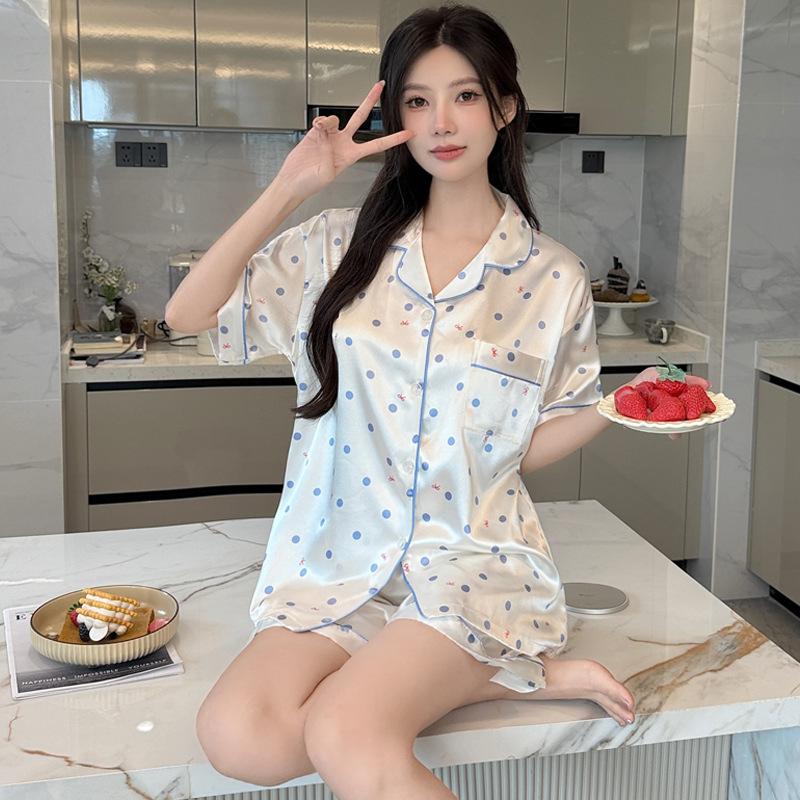 

Милый и простой горошек Летняя тонкая пижама из ледяного шелка Женский кардиган с короткими рукавами Комплект Домашняя одежда высокой ценности 2XL