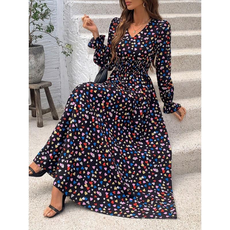 Fashion V-neck Long Sleeve Printed Loose Women Dress Spring Autumn Elegant A-line Party Long Versatile Dress Slim Fit Holiday Women's Clothing