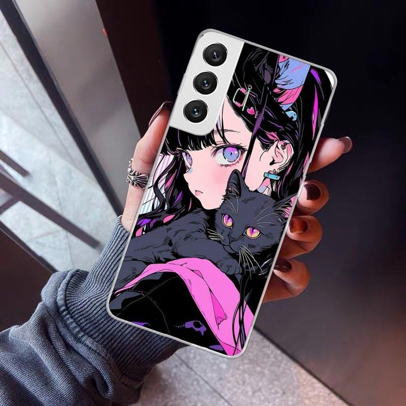 

Anime Girls Cute Black Cat Phone Case For Samsung Galaxy S26 S25 Edge S24 S23 Ultra S22 Plus S21 S20 FE Soft TPU Back Cover Fund Samsung S26 Plus