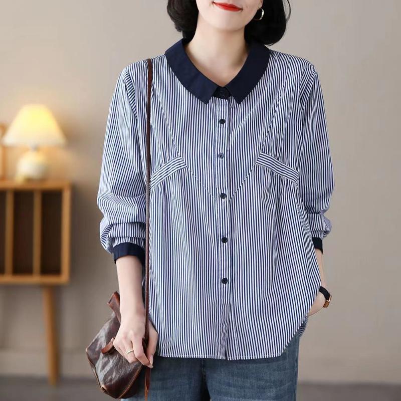 Striped Women's Loose Versatile Doll Collar Long Sleeve Shirt Ladies Top