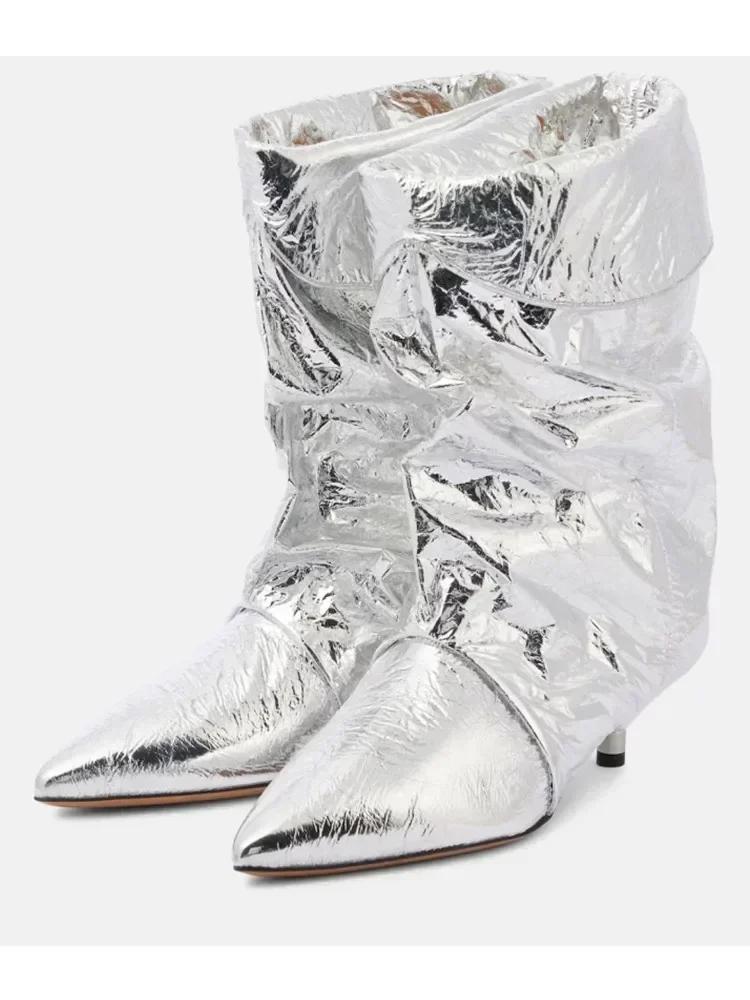 European and American Women's New Pointed Pleated 5cm Thin Heel Fringed Calf Boots, Knight Boots, Plus Size Mid Length Boots