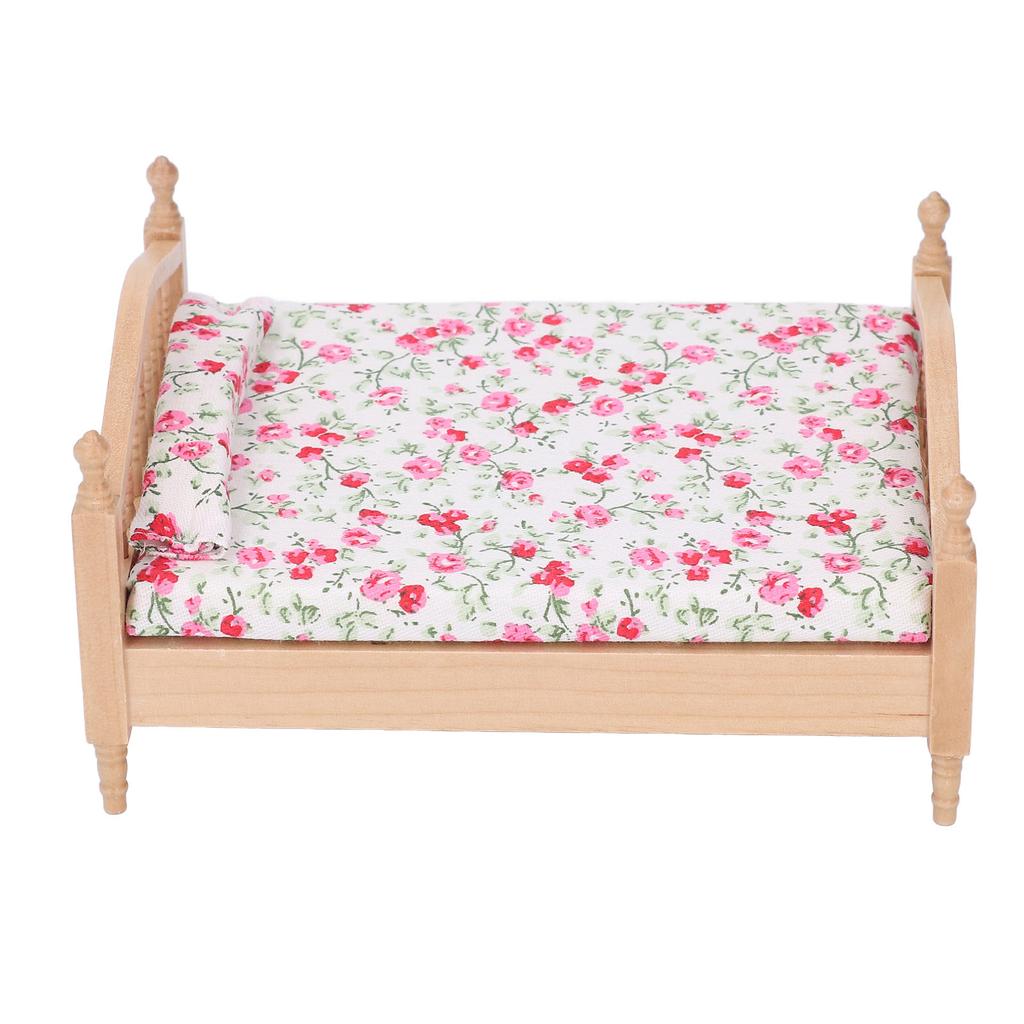 1/12 Miniatur Puppenhaus Bett Elegant Dekorativ Holz Floral Möbelzubehör Miniatur Bett