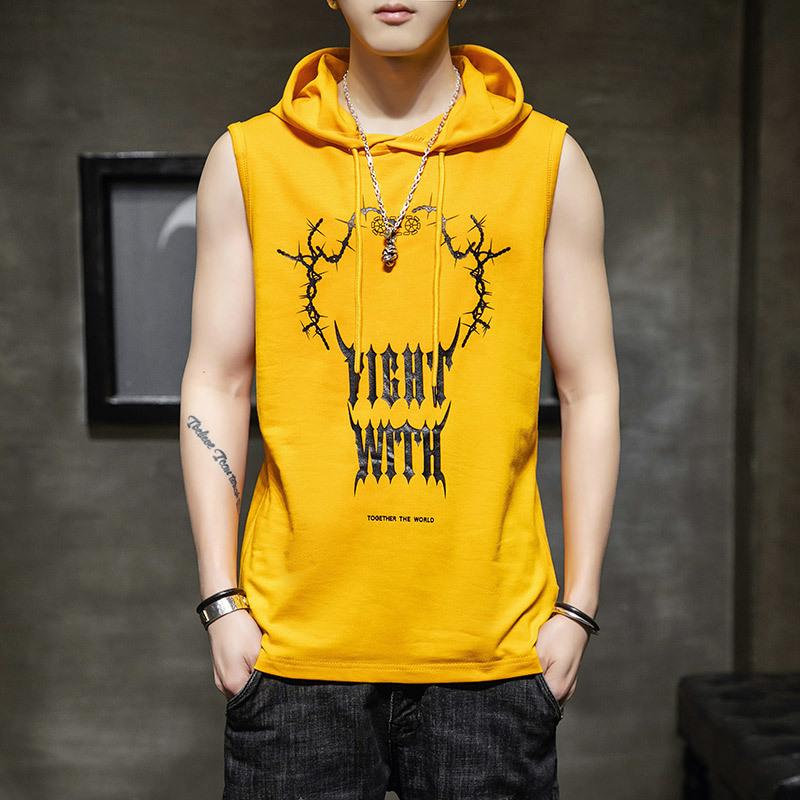 

Летняя футболка без рукавов с капюшоном для мужчин, модный брендовый принт из чистого хлопка, свободный повседневный жилет с капюшоном для мужчин, камзол XXXL жёлтый