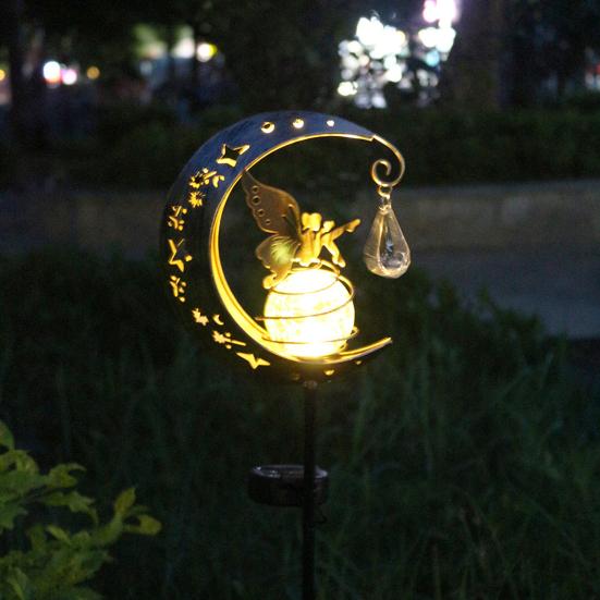 Fairy Moon Solar Garden Stake Light, Waterproof Half Moon LED Pathway Decor, Crackle Glass Ball LED Light, Metal Crescent Lamp for Outside Yard Patio