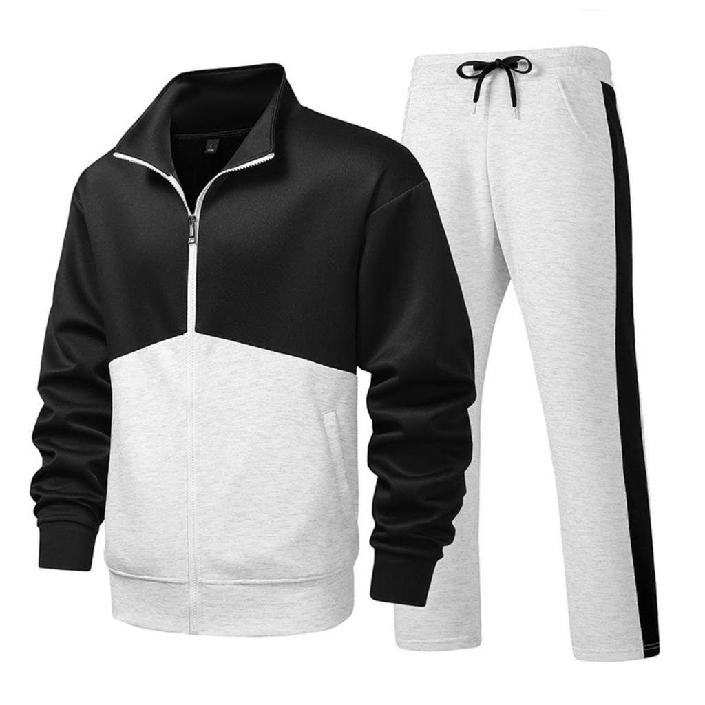 Men's Casual And Fashionable Long-sleeved, Lapel, Color-blocking Zipper Jacket, Long Pants And Sporty Slim-fit Suit