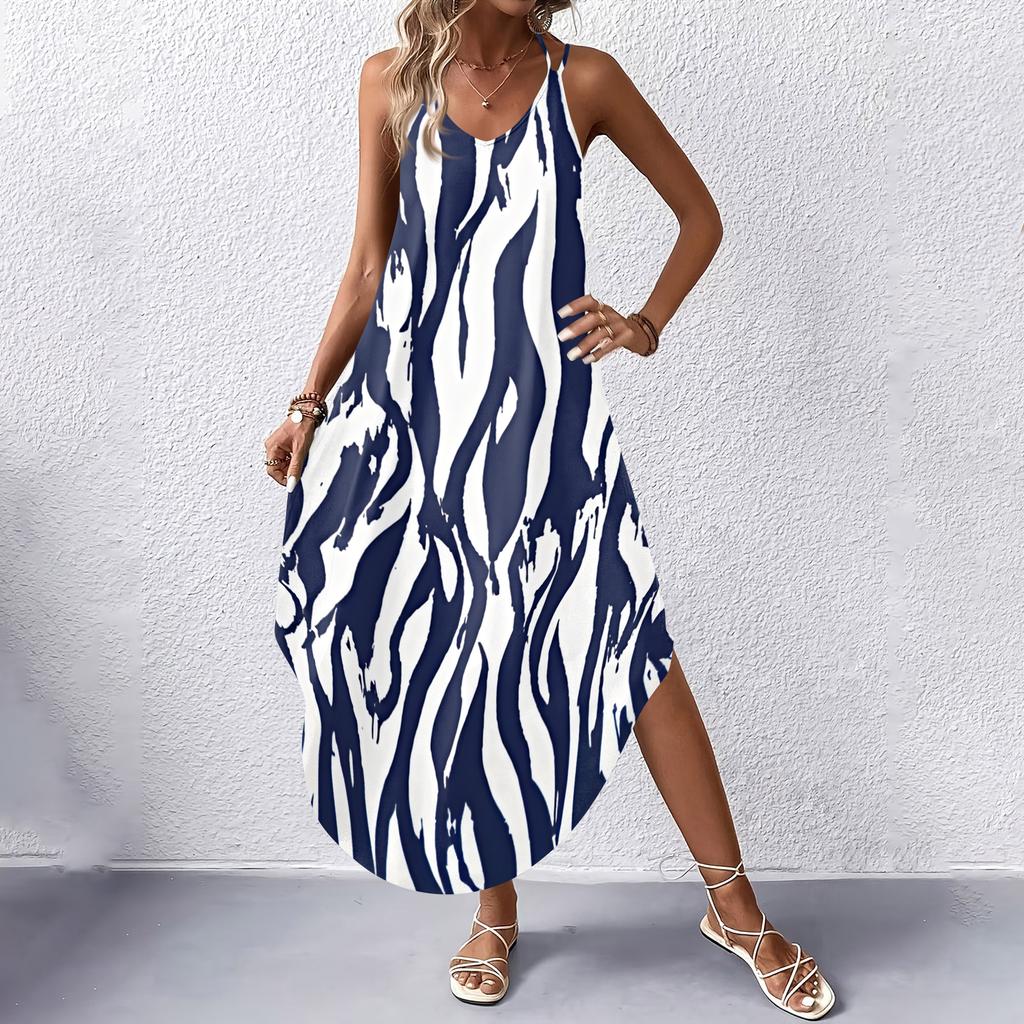 Women V Neck Sleeveless Neck Geometric Floral Print Maxi Dress with Pockets for Casual Beach Holiday Wear