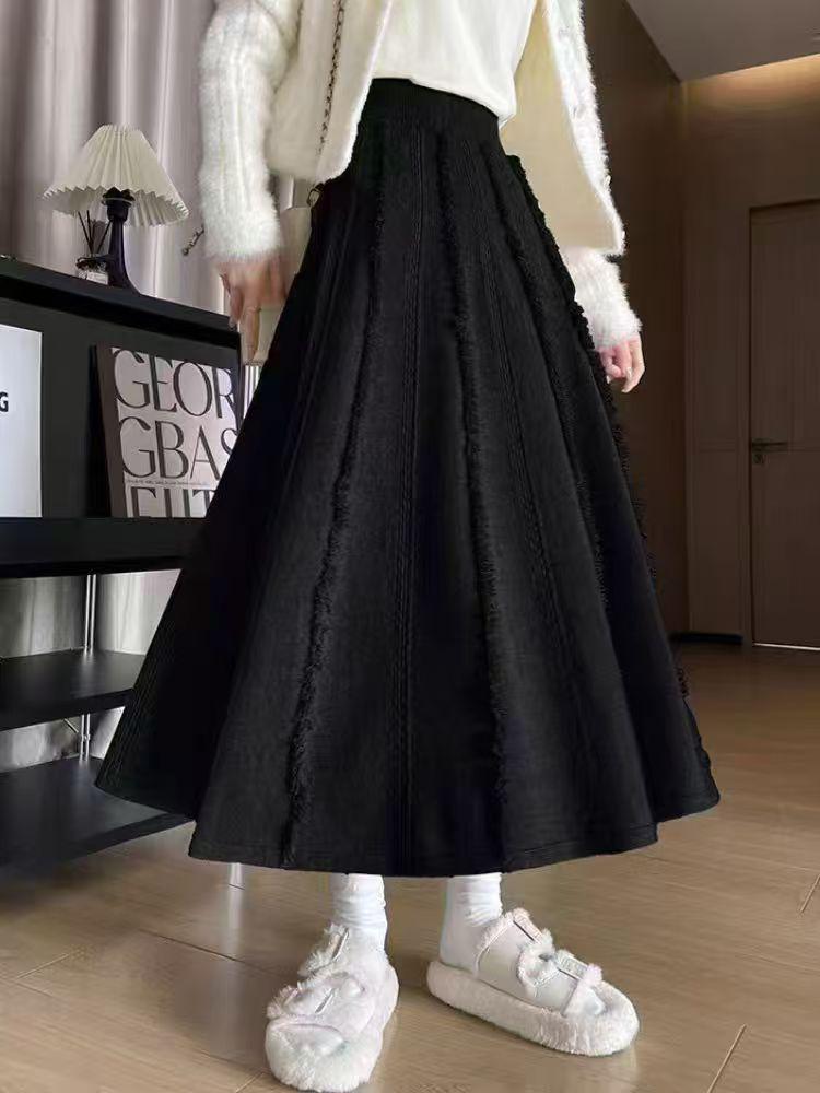 Women's Autumn-Winter White Wool Midi Skirt: High Waist, A-Line with Tassel Detail