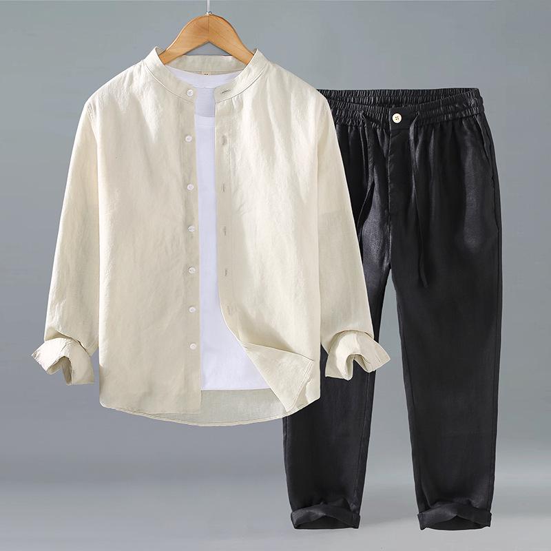 Pure Linen Men's Stand Collar Long Sleeve Shirt - National Style, Versatile, Trendy, Loose Fit