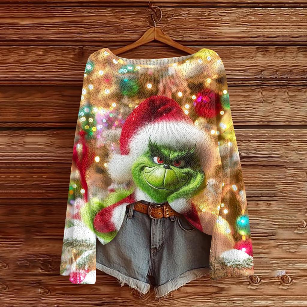 Women's Fashion Round Neck Long Sleeve Christmas Print Casual Knit Pullover Top