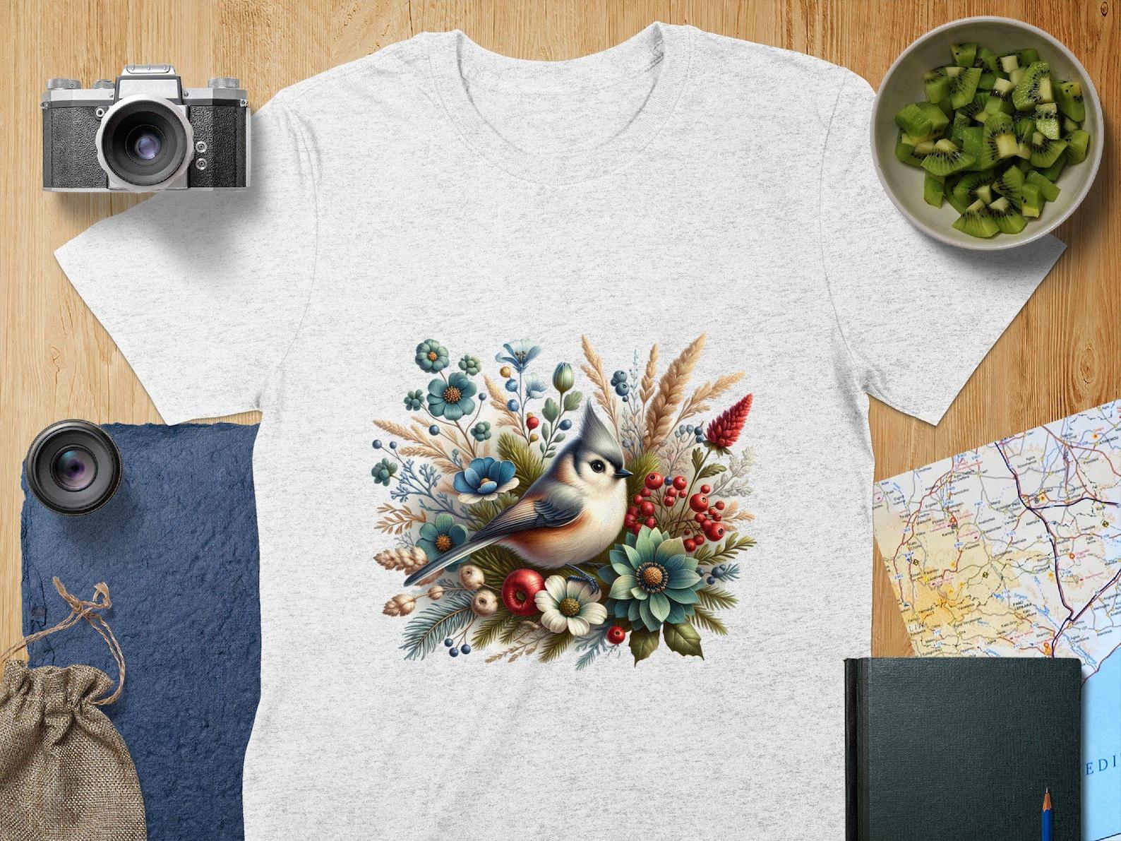 Tufted Titmouse Winter Floral Bird T-Shirt, Bird Lovers Gift, Bird Watcher Tee, Nature Inspired Clothing, Colorful Bird Art Tee, Bird Shirt S