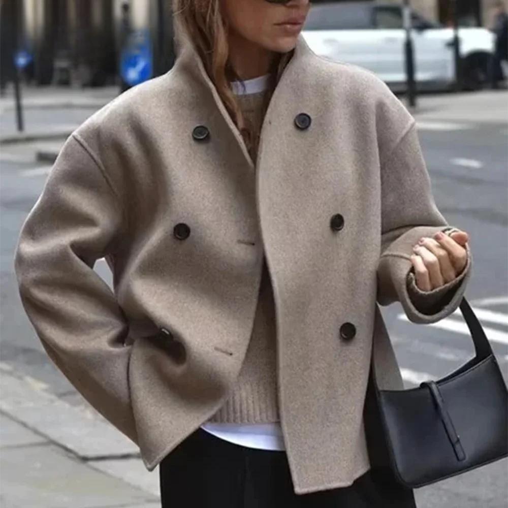 Autumn Winter Women Casual Solid Woolen Coat Fashion Office Lady Loose Double Breasted Turtleneck Demi-season Jacket