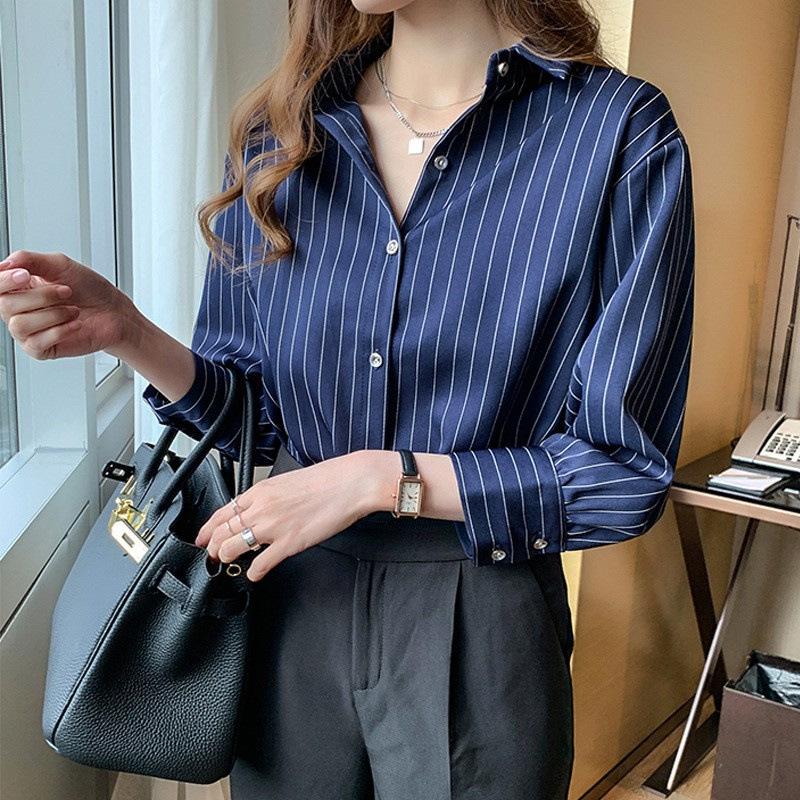 Women's Retro Striped Chiffon Shirt - Spring/Autumn 2025 Collection with Layered Lapel Design