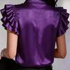 Women Shirt Lapel Ruffle Short Sleeve Single Breasted Shirt Tops Pure Color Smooth Satin