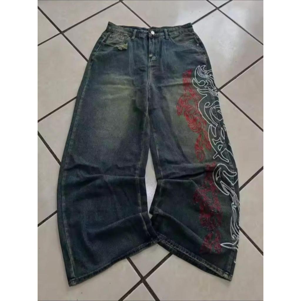 VibeStreet Y2K American New Pattern Embroidery Baggy Jeans High Street Vintage Hip Hop Fashion Casual Joker Couple Wide-leg Pants