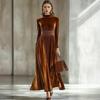 Women's Elegant Gold Velvet Long-Sleeve Dress with Cinched Waist and Flared Hem for Autumn/Winter