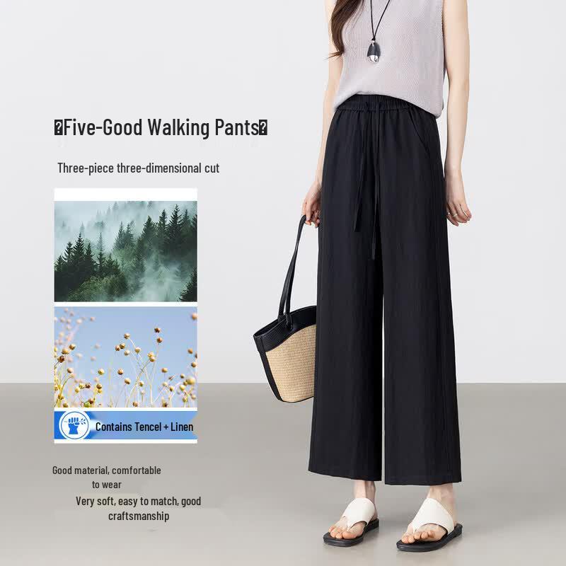 Handu Yishe Women s Lyocell Linen Striped High-Waist Cropped Straight-Leg Pants S
