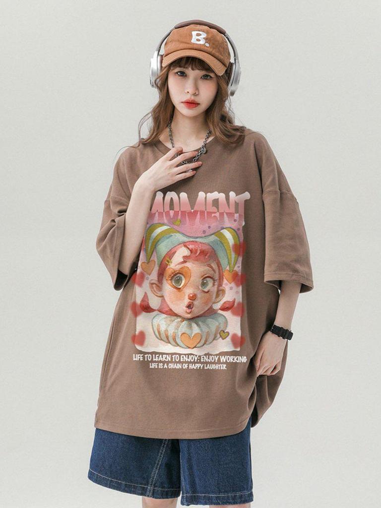 T-shirt Casual Unisex in Cotone Stile Giapponese Retrò, Vestibilità Larga, per Coppie Taglie Forti