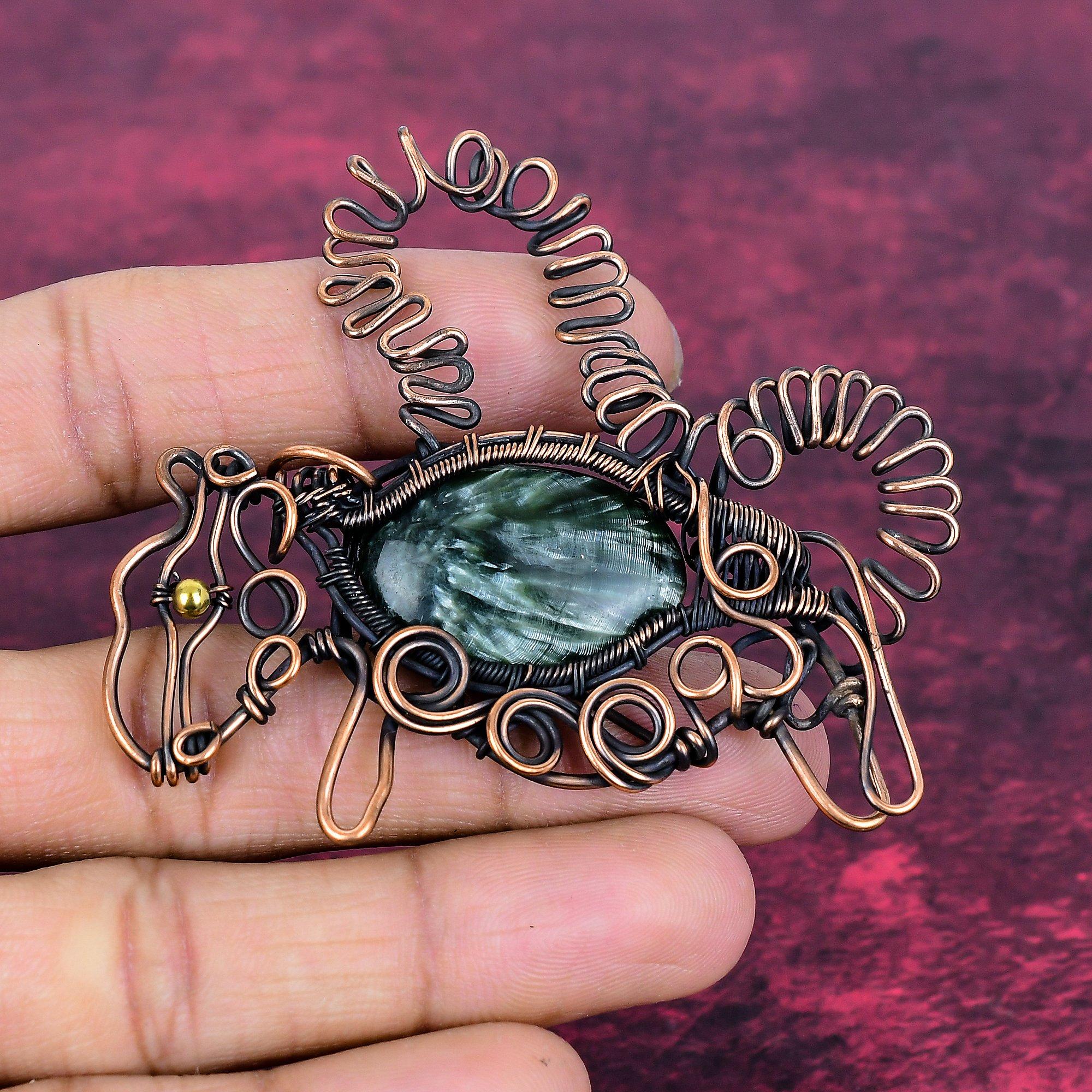 Seraphinite Pendant Gemstone Rabbit Pendant Handmade Copper Wire Wrapped Jewelry