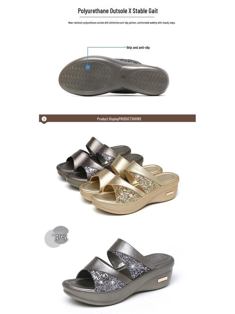 Size 43 Women's Sequin One-Strap Peep-Toe Wedge Heel Sandals, New 2022 Korean Style