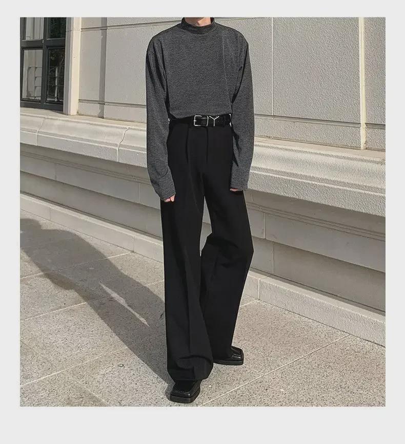 Pánské trendy jarní kalhoty s širokými nohavicemi: Volný splývavý rovný střih, špičkový všestranný mopovací styl.