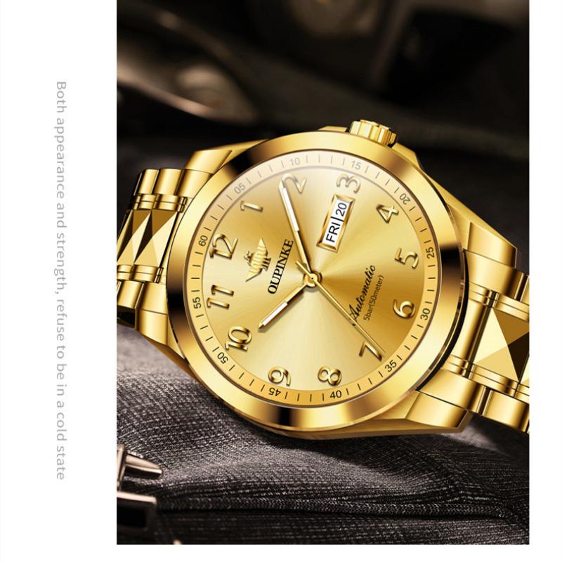 OUPINKE New Business and leisure Men's Watch Automatic Mechanical Watch Stainless Steel Business Double Calendar Anti-high-end Watch