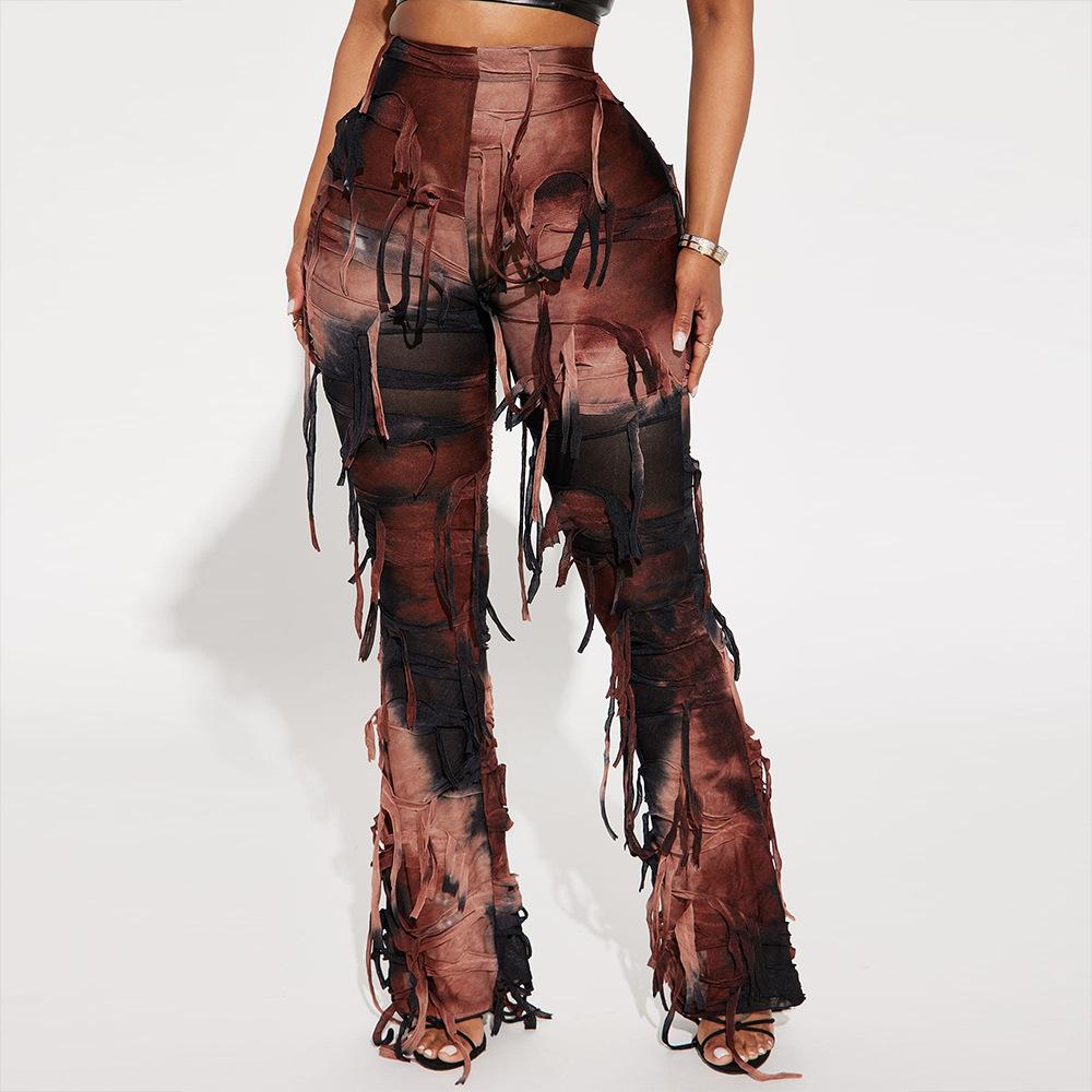 Neue Damen Herbst Tie-Dye Ausgefranste Jeans, Distressed Design Boho Streetwear Lässige Denim-Hose mit Fransen-Saum, Künstlerische Baggy-Hose