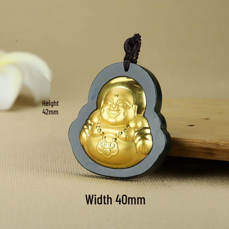 999 Pure Gold Inlaid Hetian Black Jade Guanyin Maitreya Pendant Necklace for Men & Women