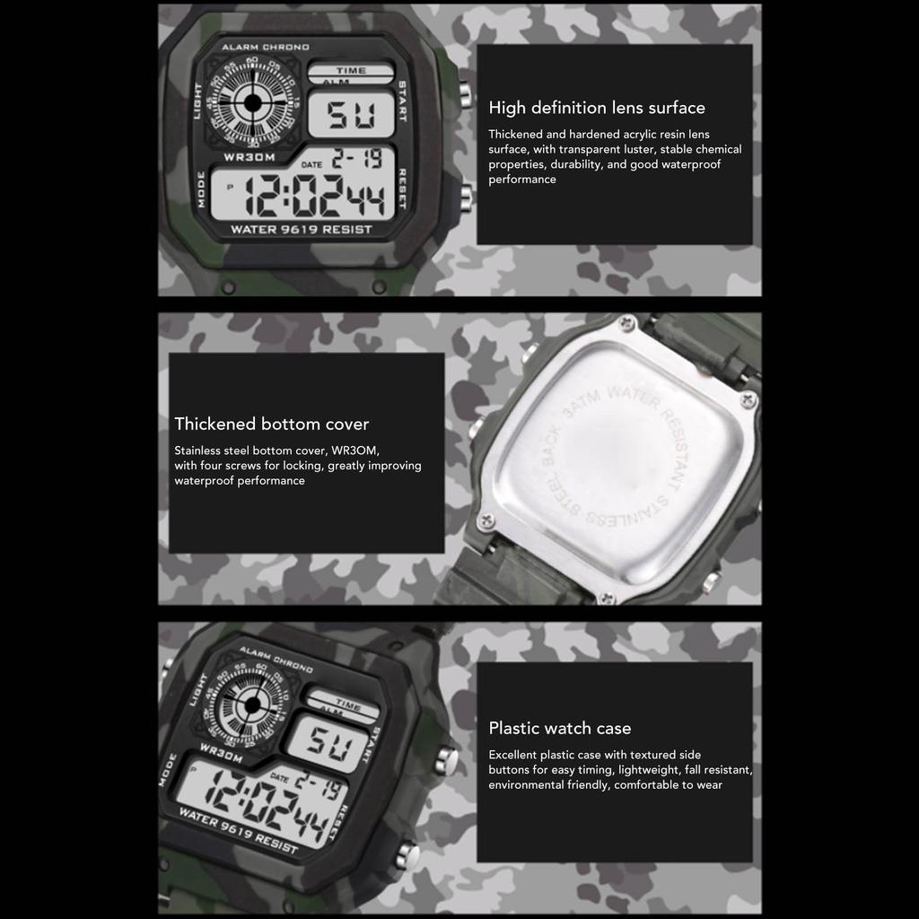 Digital Watch Multi Function Fashion Square Luminous Waterproof Outdoor Sports Chronograph Watch Camouflage Gray