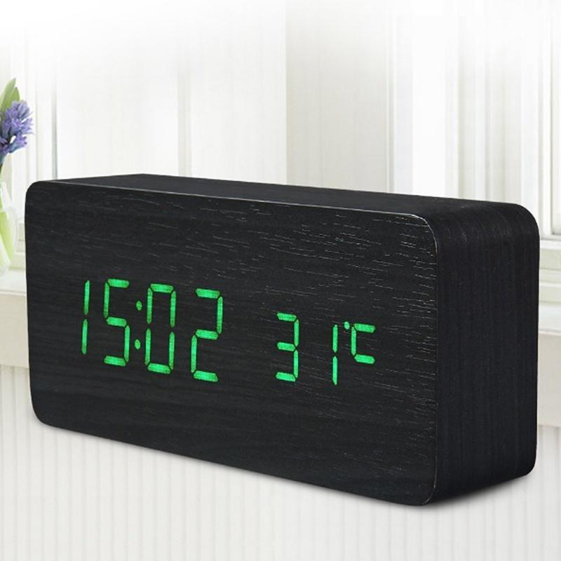 LED Wooden Alarm Clock Time Thermometer Snooze Voice Control Digital Table Clock