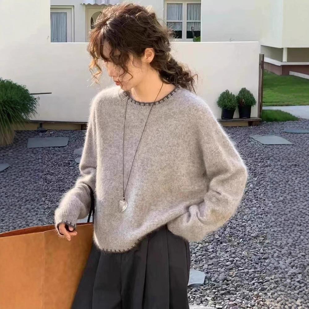 Autumn And Winter New Gray Soft Waxy Sweater Lazy Wind Loose Knitting Base 100% Wool Sweater Women'S Crew Neck