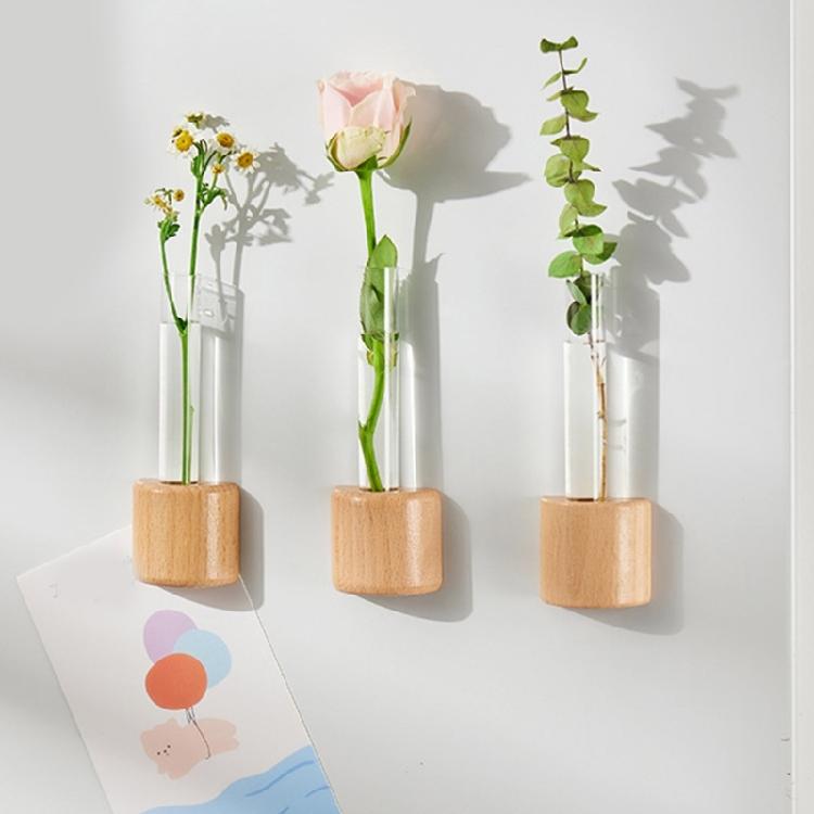 Decorative Wood Test Tube Vases With Magnetic Base Hydroponic Plant Display Vases Refrigerator Magnet For Home Decors