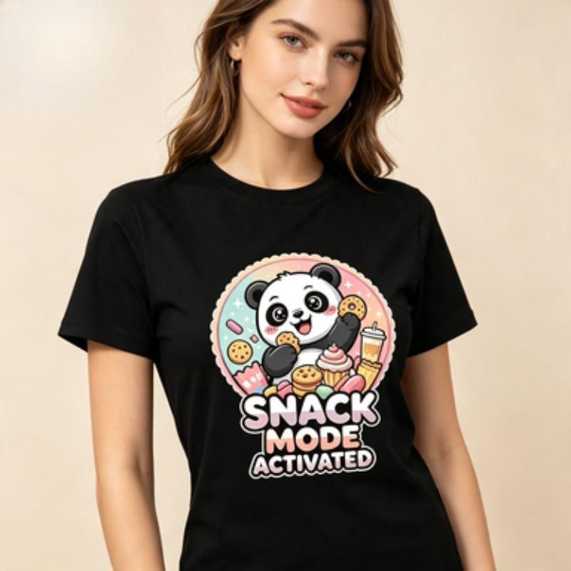 Kawaii Panda Unisex Cotton T Shirt Snack Mode Activated Cookie Dessert Graphic Foodie Lover Casual Crew Neck Tops