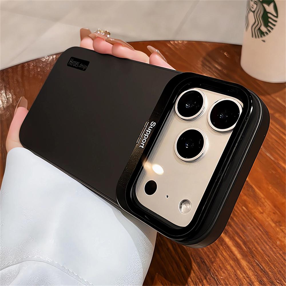 

Newest Flip Camera Stand Holder Matte Phone Case for iPhone 17 Pro Max HD Transparent Lens Film Protect Shockproof Solid Cover iPhone17