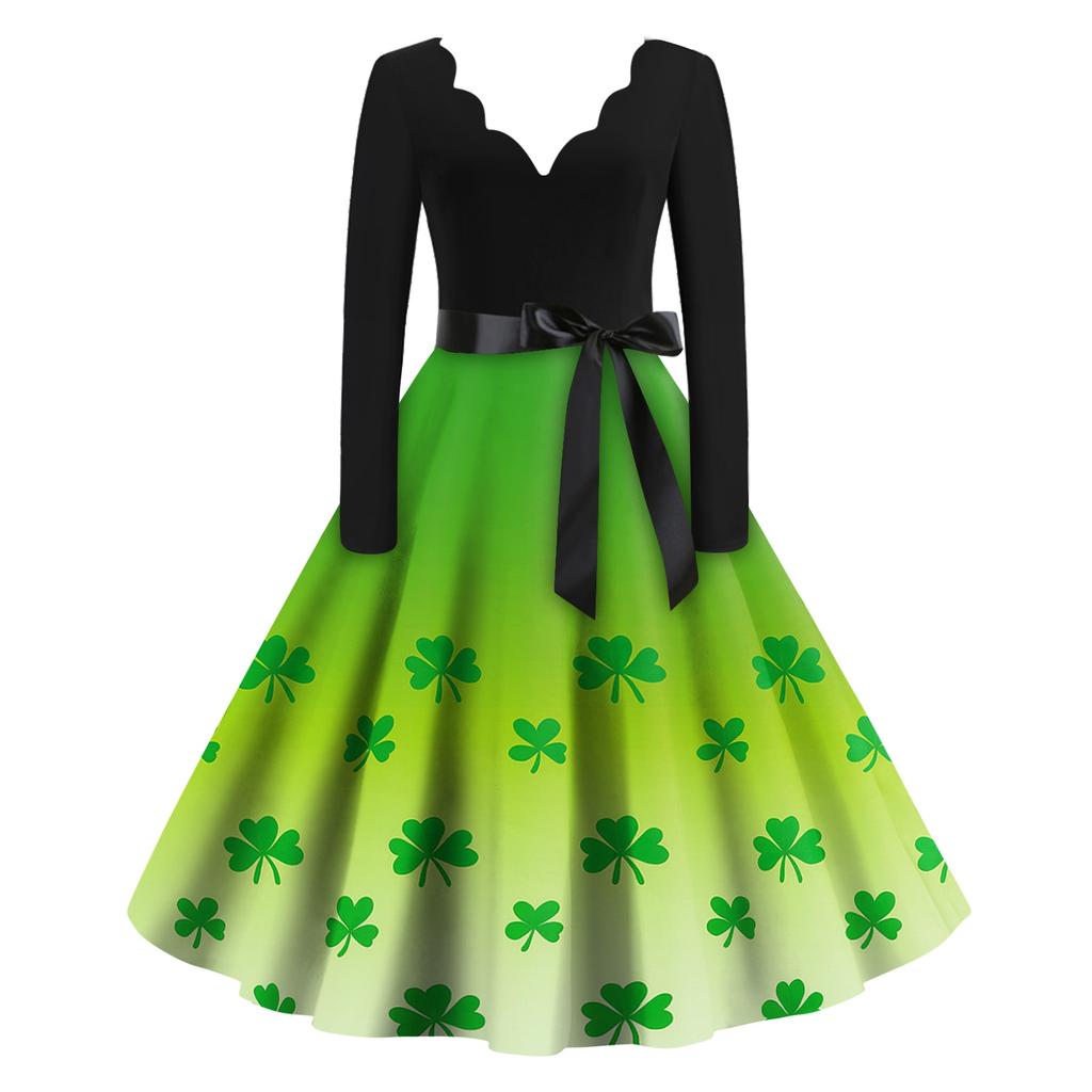 Damen Freizeitmode Bedrucktes V-Ausschnitt Retro Langarmkleid