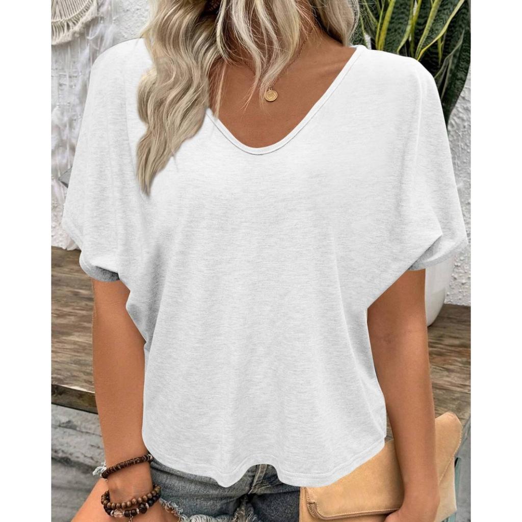 V-Neck Pleated T-Shirt, Loose Fit, Short Sleeves In Candy Colors.