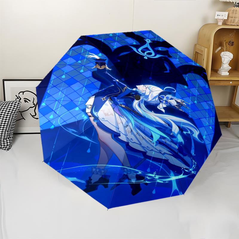 Genshin Impact Furina Print Automatic Umbrella, 8 Rib Iron Frame, Plastic Handle, Suitable for Outdoor Travel &Daily , Ideal Gift