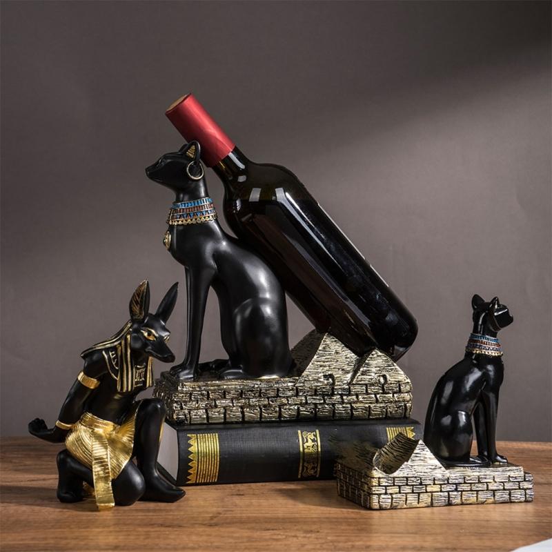 Exotic Themed Wine Rack With Bastet Anubis Statue Design Ancient Egyptian God Resin Kitchen Decors For Wine Enthusiasts
