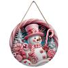 Pink snowman candy cane theme round wooden hanging plaque festive wall decor front door sign farmhouse Christmas home holiday ornament