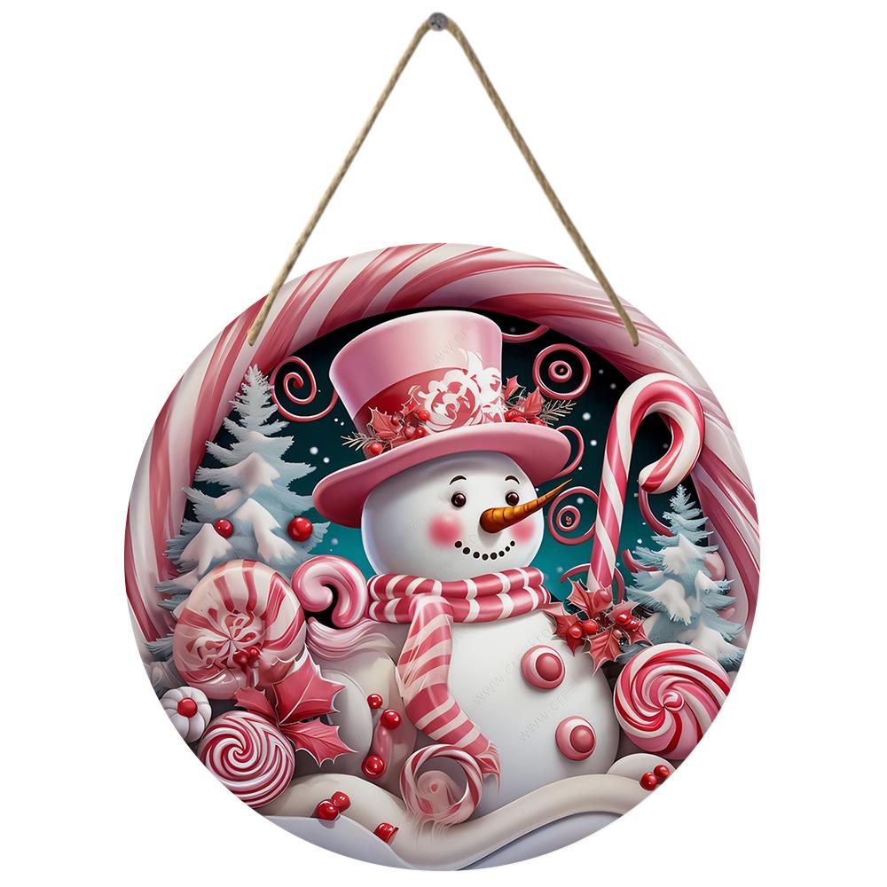 Pink snowman candy cane theme round wooden hanging plaque festive wall decor front door sign farmhouse Christmas home holiday ornament