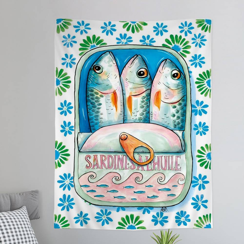 Colorful Sardine Lobster Fish Anime Tapestry Hanging Tarot Hippie Wall Rugs Dorm Wall Hanging Sheets