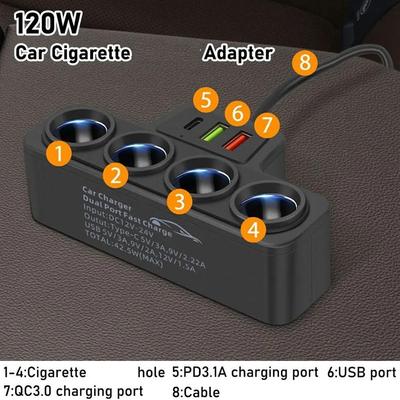 12V/24V Car Cigarette Lighter Adapter New 4-Socket USB Port 4 Way Cigarette Lighter USB Charger 120W Car Charger Adapter Car