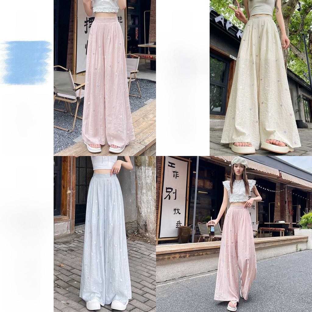 Womens Linen Wide Leg Pants With Embroidery For Summer Casual Wear